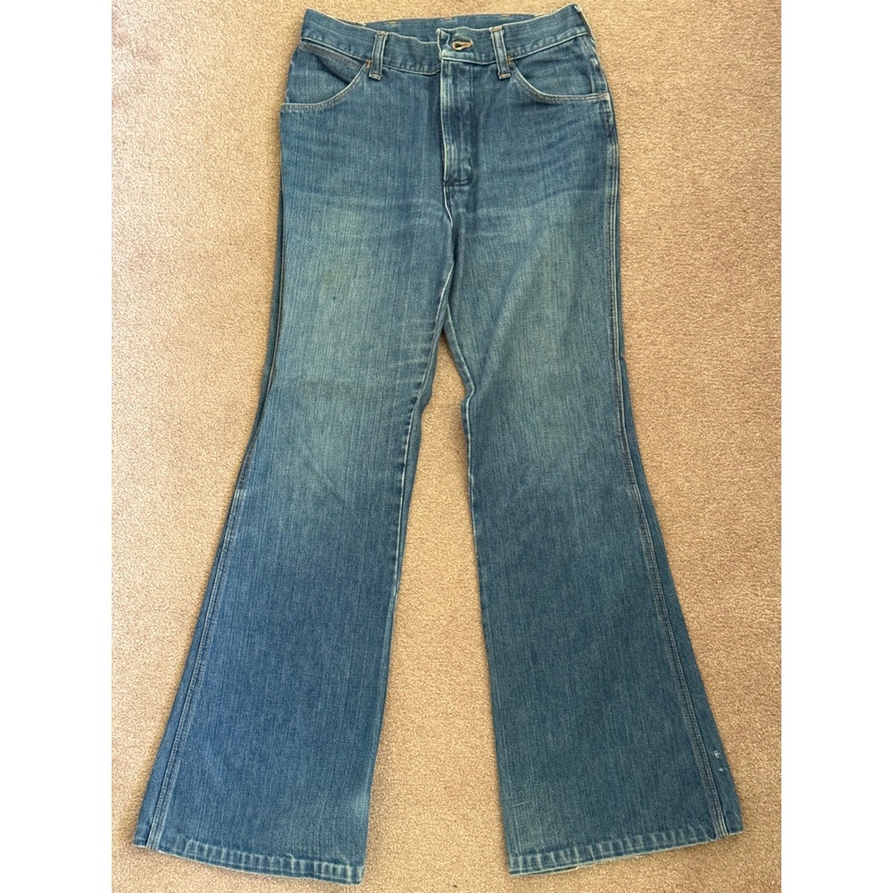 Vintage 70s Wrangler Blue Denim Bell Bottom Flare Leg Jeans Mens 28x31 USA Made